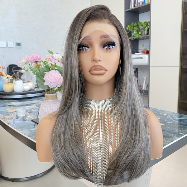 Carkira Ash Gray Wig Mixed Blonde Highlight Long Layered Shoulder Length 13x4 Lace Front Wig 18Inch Synthetic Hair  Ombre Color Pre Plucked Hairline for Women