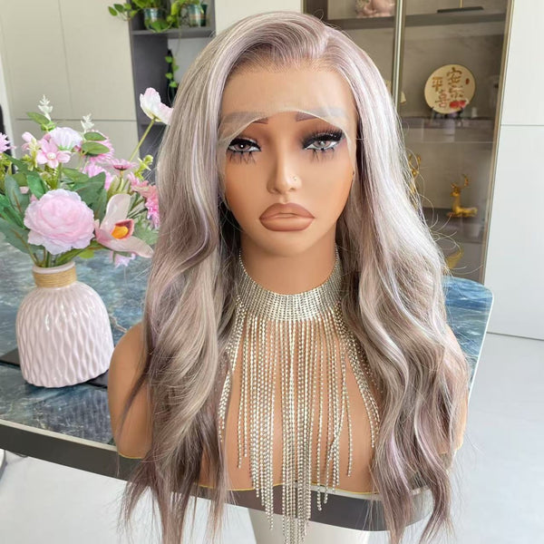 Carkira Zoe Colorful 13x4 Lace Front Wig Glueless Blonde Highlight Brown Grey Hair Long Ombre Wavy Synthetic Wig Daily Use for Women Girls