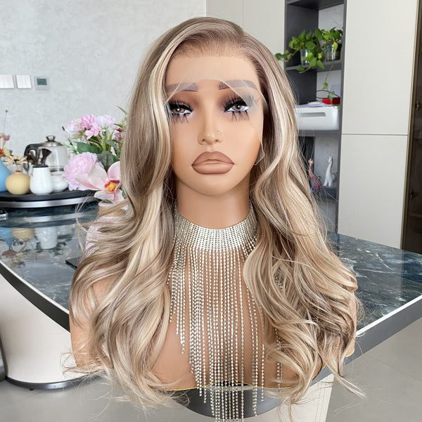 Carkira Mia Blonde with Brown Wig Highlight 13x4 Lace Front Wigs Loose Body Wave Synthetic Fiber Pre Plucked 18Inch for Women