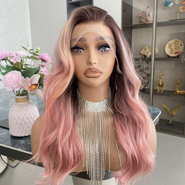 Carkira Marie Peach Pink Lace Front Wig Highlight Orange Hair 13x4 Long Body Wave Ombre Brown Root Color Synthetic Fiber Wigs Pre Plucked Hairline 20Inch for Women Girls