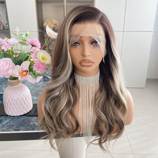 Carkira Emmd Platinum Brown with Blonde Wig Highlight 13x4 Lace Front Wigs Loose Body Wave Synthetic Fiber Pre Plucked 18Inch for Women
