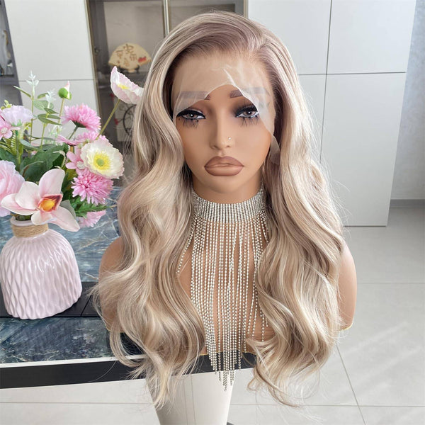 Carkira Mia Blonde with Brown Wig Highlight 13x4 Lace Front Wigs Loose Body Wave Synthetic Fiber Pre Plucked 18Inch for Women