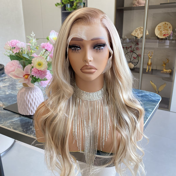Carkira Megan 13x6 Lace Front Wigs Glueless Pre Plucked Ombre Blonde Highlight Brown Color Long Loose Body Wavy 20Inch Synthetic Fiber Natural Hairline for Women Girls