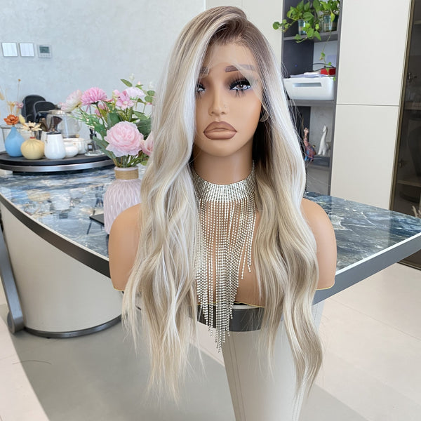 Carkira Platinum Silver Wigs Highlight Ash Blonde Hair Long Loose Wave 13x4 Lace Front Wig 20Inch Pre Plucked Hairline Synthetic Fiber Hair for Women Girls