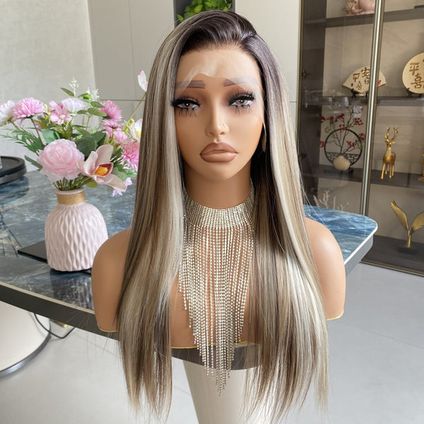 Carkira Rita Brown and Ash Blonde Mixed Wigs with Platinum Highlight 13x4 Lace Front Wig Silk Straight Ombre Color Synthetic Hair Wigs 18Inch Pre Plucked Hairline for Women Girls