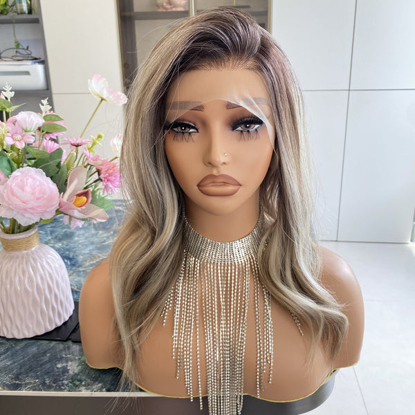 Carkira Alsa Blonde Brown Wigs Highlights Platinum Short Body Wave 13x4 Lace Front Wig Ombre Color 14Inch Pre Plucked Hairline Free Style Synthetic Fiber for Women Girls