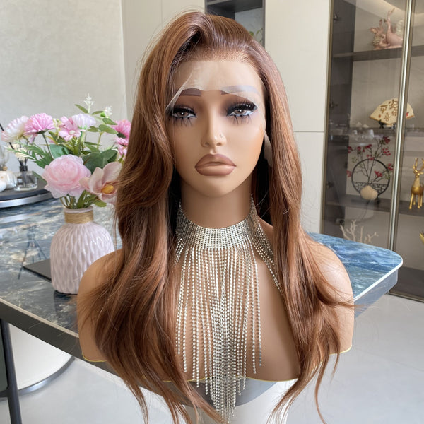 Carkira Katie Brown Wigs #30 Ombre Dark Root Color Natural Body Wave Style 13x4 Synthetic Fiber Lace Front Wig 18Inch Pre Plucked Hairline Daily Use for Women Girls