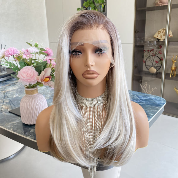 Carkira Platinum Wig Highlight Blonde Ombre Color Long Layered Shoulder Length 13x4 Synthetic Fiber Lace Front Wig 18Inch Pre Plucked Hairline for Women