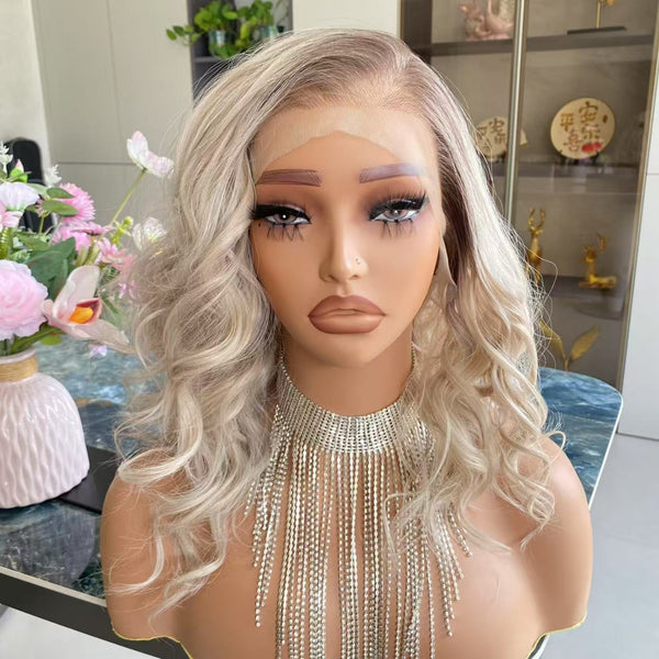 Carkira Cara Short Curl Hair 13x6 Lace Front Wigs Glueless Pre Plucked Ash Blonde Color Highlight Daily Use 14Inch Synthetic Fiber for Women Girls
